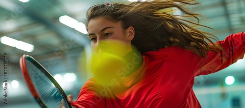 Female Pickleball player in a red sweatshirt playing at the indoor court, closeup of her face and arm holding a racket hitting a ball, blurred background, with a high-speed shutter, in the style of sp