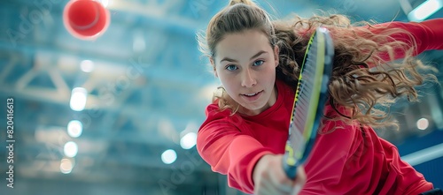 Female Pickleball player in a red sweatshirt playing at the indoor court, closeup of her face and arm holding a racket hitting a ball, blurred background, with a high-speed shutter