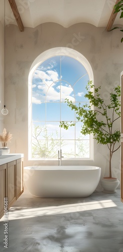 A bright bathroom with an arched window and a bathtub in the center  a lightcolored wall on one side of which is a sink