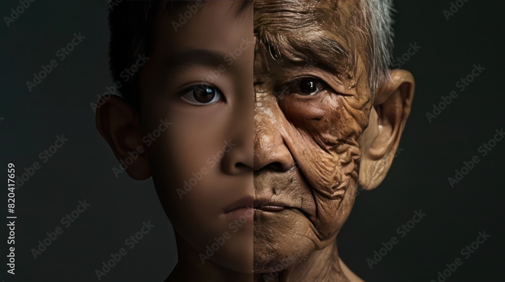 The face is divided into two halves - half of an Asian boy and half of an old Asian man. Distinguishing childhood and old age, aging, maturation, longevity, lifespan, aging, gerontology. The face is divided into two halves - half of an Asian boy and half of an old Asian man. Distinguishing childhood and old age, aging, maturation, longevity, lifespan, aging, gerontology.