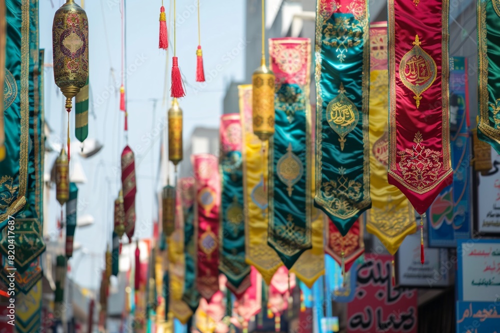 Decorative banners and flags lining the streets to announce the arrival of the Islamic year. Decorative banners and flags lining the streets to announce the arrival of the Islamic year.