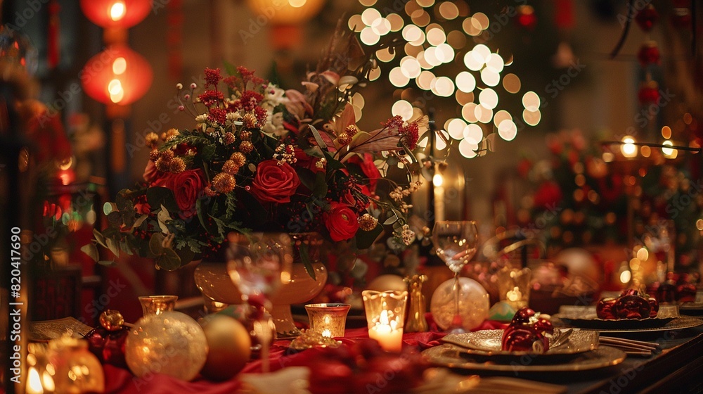 Decorative floral arrangements and lanterns adorning a festive New Years table.