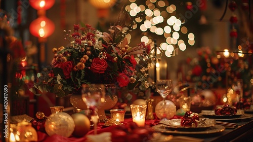 Decorative floral arrangements and lanterns adorning a festive New Years table.