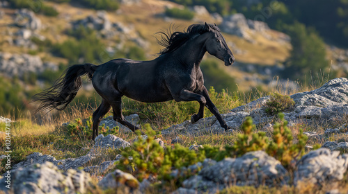 A black horse galloping across a rocky landscape