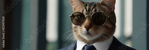 portrait of a person with a cat wearing a suit and tie and sunglasses Studio photo portrait of a cat in business clothes, concept of Business Professional 