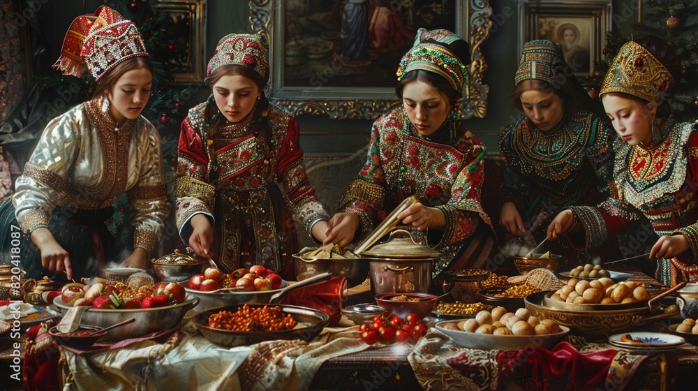 Group of women preparing traditional dishes and desserts for the New Year feast.