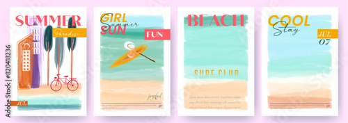 Set of watercolor summer posters with beach, landscape, bike, boat and typography.  Summer party concept templates for celebration, ads, branding, banner, holiday cover, label, sales. photo