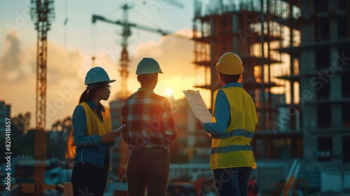 Team of architects using tablets and standing to read blueprints at construction site, designers and engineers building, civil and steel structures.