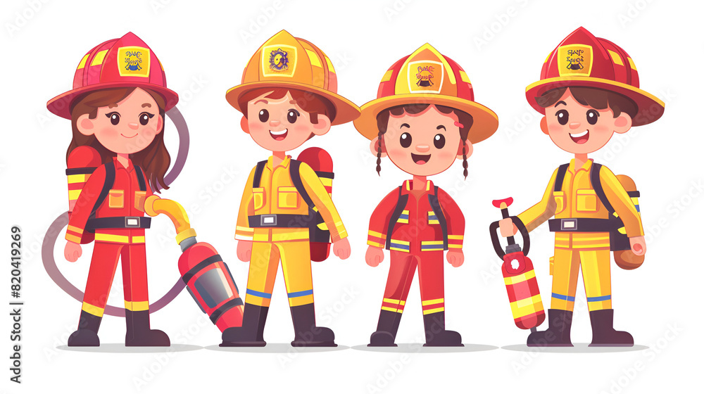 Kids firefighters Children firemen cartoon cute illustration, generative Ai