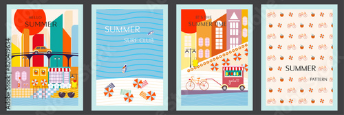 Set of summer posters with beach, pattern, landscape, city, bike, holiday elements, sea and typography.  Summer party concept templates for celebration, ads, branding, banner, cover, label, sales.