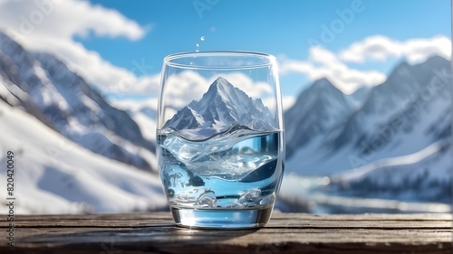 A glass of pouring drinking water with crystal mineral on a background of snow-covered mountains and blurry scenery. Organic, unadulterated, fresh water from nature. a cool, healthful beverage.glass 