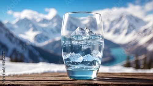 A glass of pouring drinking water with crystal mineral on a background of snow-covered mountains and blurry scenery. Organic, unadulterated, fresh water from nature. a cool, healthful beverage.glass  photo