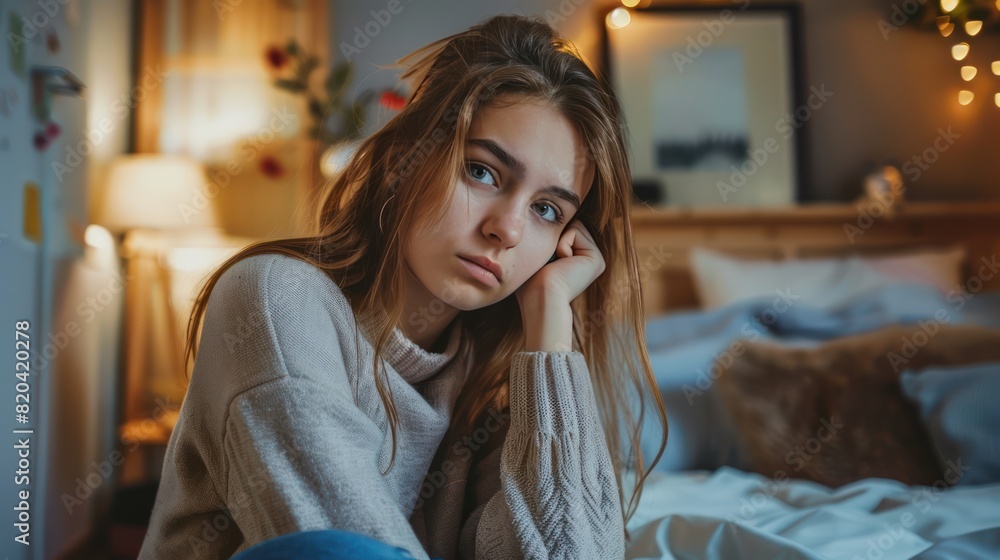 Portrait of a young woman sitting sadly waiting for a call in a bedroom, looking at a cell phone, sad face. Portrait of a young woman sitting sadly waiting for a call in a bedroom, looking at a cell phone, sad face.