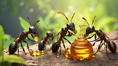 Black ants eating honey drop. Concept of teamwork or hardworking or unity.