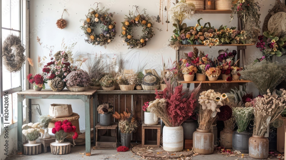 A florist's workplace decorated with dried flowers, wreaths and accessories. Extensive copy space celebrates the art of floral decoration, flower arranging. A florist's workplace decorated with dried flowers, wreaths and accessories. Extensive copy space celebrates the art of floral decoration, flower arranging.