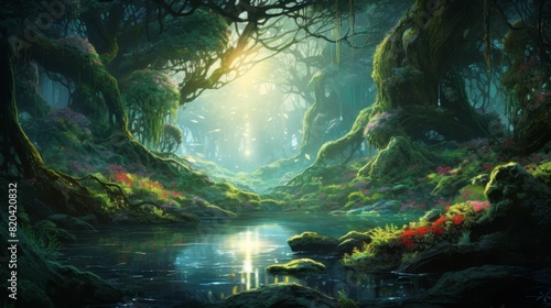 The photo shows a beautiful and mysterious forest with a river flowing through it © narak0rn