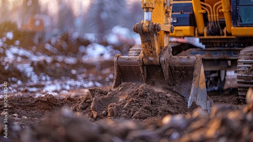 Close-up view of a powerful excavator digging and moving dirt at a construction site, showcasing heavy machinery and earth-moving operations in an industrial setting Close-up view of a powerful excavator digging and moving dirt at a construction site, showcasing heavy machinery and earth-moving operations in an industrial setting