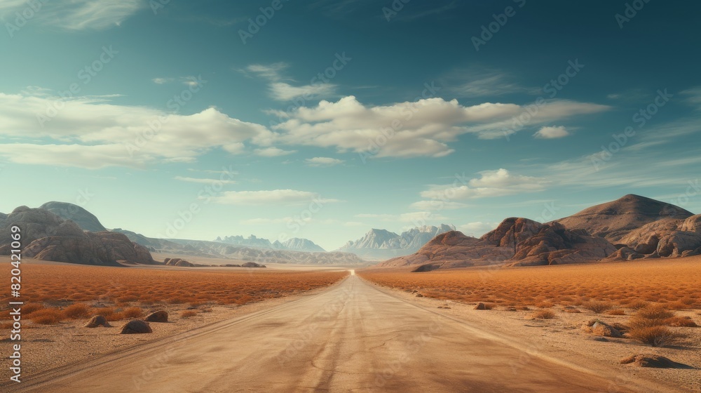 A long and empty desert road with mountains in the distance. A long and empty desert road with mountains in the distance.