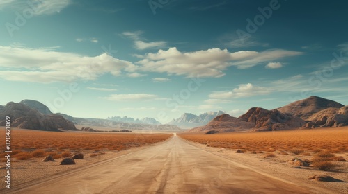 The photo shows a long and empty desert road with mountains in the distance.