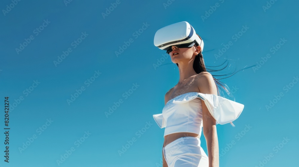 woman in white shirt wearing vr glasses ,Virtual Reality AI concept ,metaverse, woman in white shirt wearing vr glasses ,Virtual Reality AI concept ,metaverse,