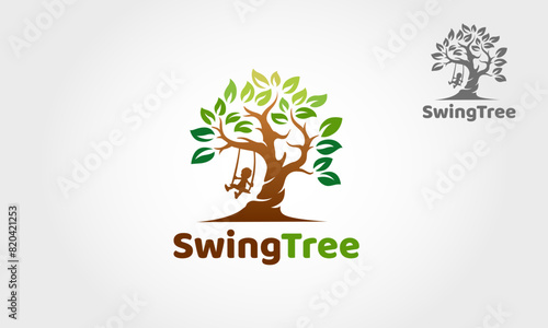 Swing Tree Vector Logo Template. A child play the swing under the tree, this logo symbolize a protection, peace,tranquility, growth, and care or concern to development.