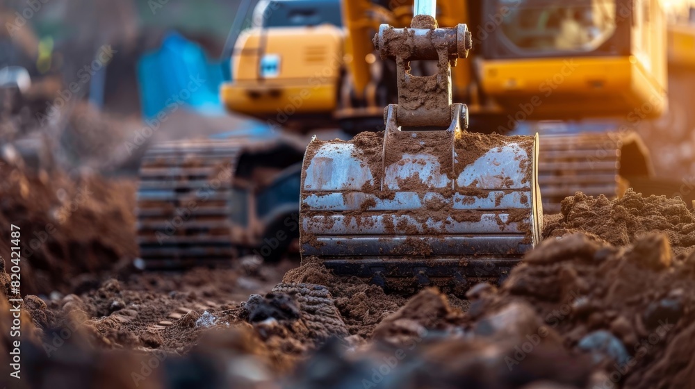 Close-up view of a powerful excavator digging and moving dirt at a construction site, showcasing heavy machinery and earth-moving operations in an industrial setting