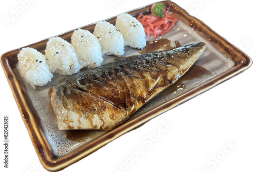 Grilled Mackerel in Teriyaki Sauce with Japanese rice on background. Delicious Saba Teriyaki recipe in the restaurant. photo