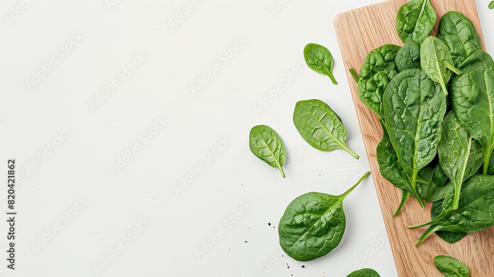 Obraz premium Wooden Board with Fresh Sliced Spinach Against a Clean White Background and Copy Space