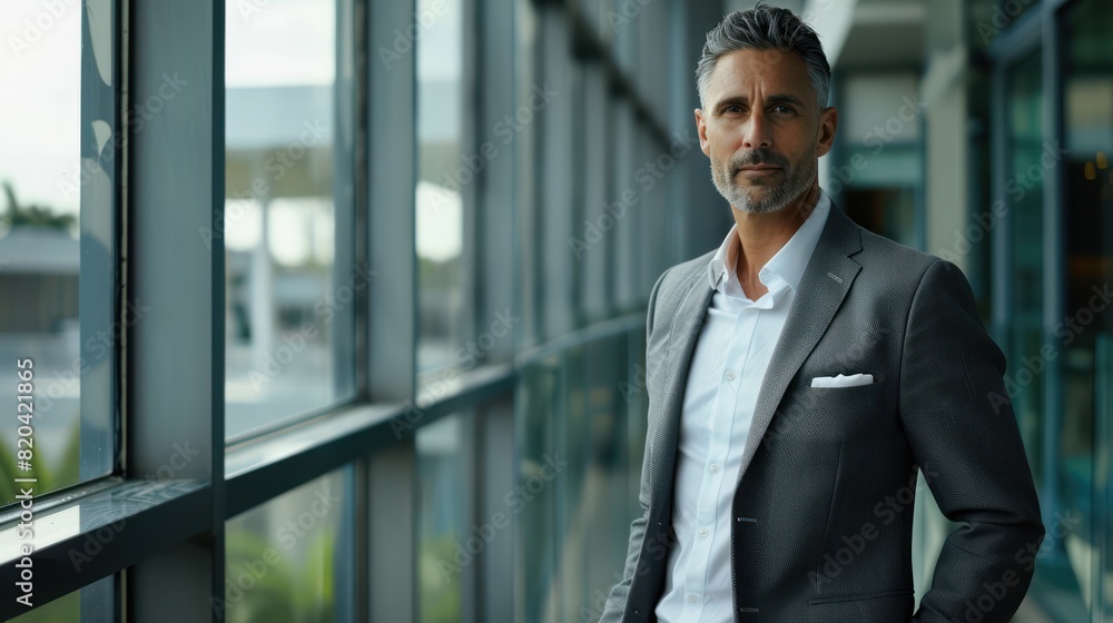 Businessman in formal attire standing contemplatively by large window Businessman in formal attire standing contemplatively by large window