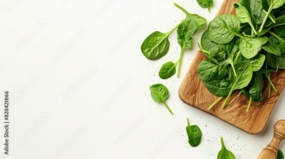 Spinach Leaves Sliced and Arranged on a Wooden Board with Ample White Background Space Spinach Leaves Sliced and Arranged on a Wooden Board with Ample White Background Space