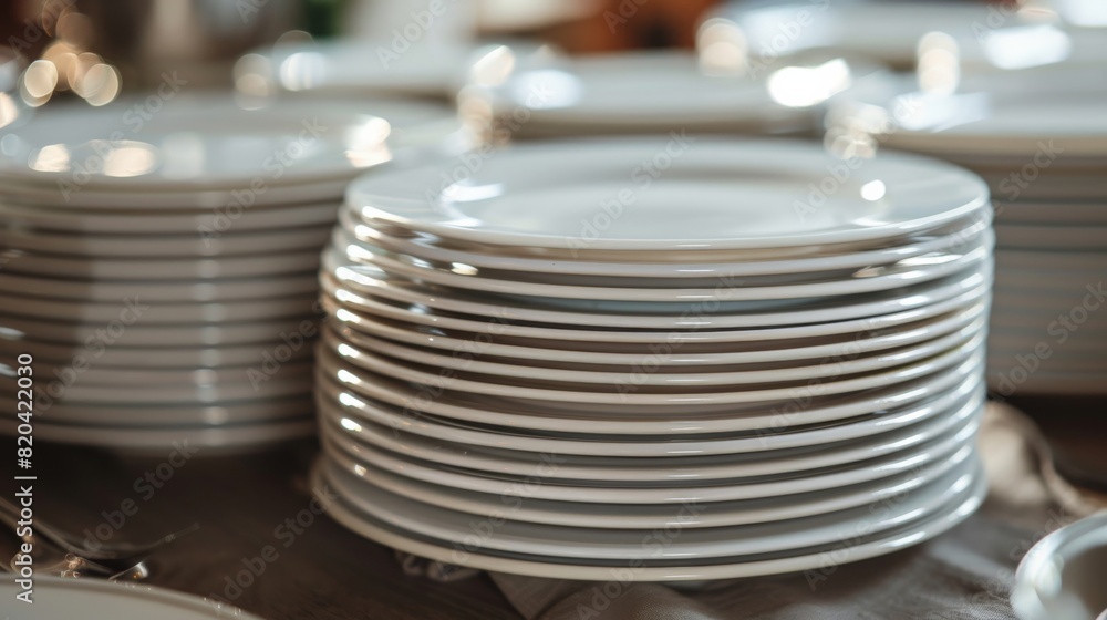 Cinematic side view of stacked white plates on an empty table with soft lighting, shallow depth of field, and soft focus, creating an elegant atmosphere highlighting food presentation Cinematic side view of stacked white plates on an empty table with soft lighting, shallow depth of field, and soft focus, creating an elegant atmosphere highlighting food presentation
