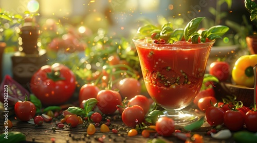 A glass of fresh tomato juice surrounded by a variety of ripe tomatoes and basil leaves.