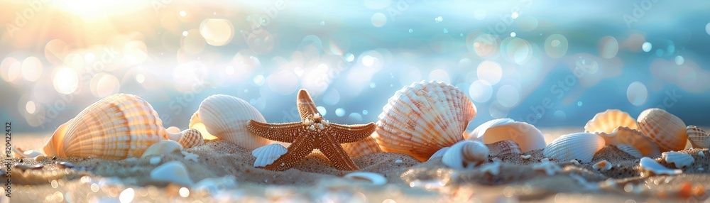 Amazing summer beach background with seashells and starfish. Amazing summer beach background with seashells and starfish.