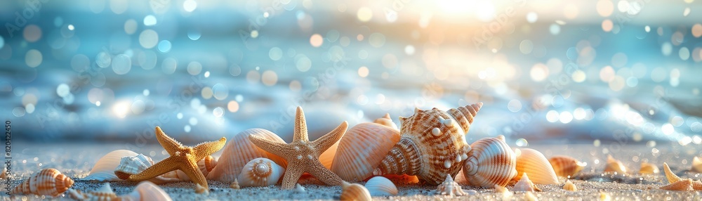Amazing summer beach sunset with seashells in foreground. Amazing summer beach sunset with seashells in foreground.