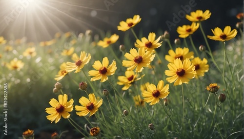 closeup of coreopsis flowers on garden with sunshine rays from Generative AI
