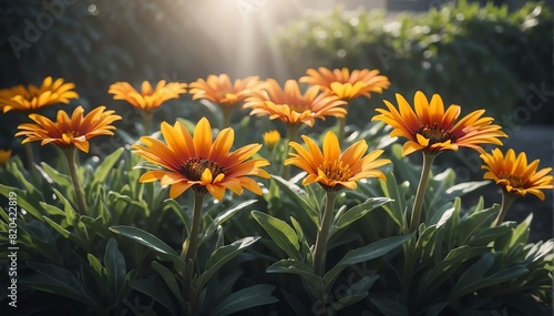 closeup of gazania flowers on garden with sunshine rays from Generative AI