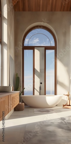 A large arched window in the bathroom, light gray walls, white bathtub and sink on one side of wall © Safdar