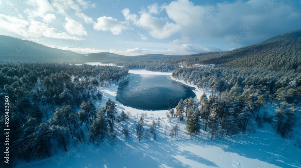 Frozen lake surrounded by forest Frozen lake surrounded by forest