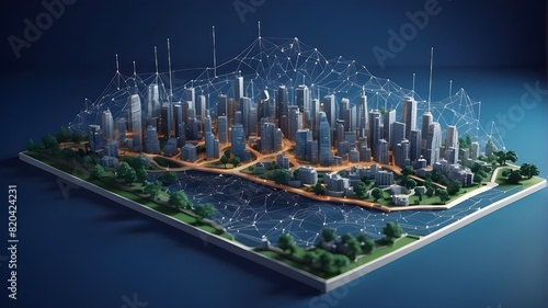 Wi-Fi network or smart city. Low-poly wireframe. constructing automation using an example of a computer board. alone against a deep blue backdrop. points and lines of Plexus. Network or smart city tha