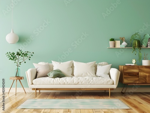 Tranquil Mint-Hued Living Room with Inviting Sofa and Sideboard on Wooden Flooring
