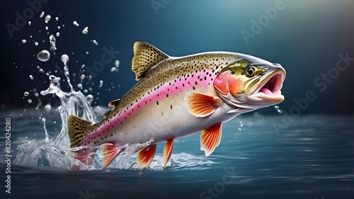 With a splash, rainbow trout leap out of the water. Fish capturing bait over the water. sweeping banner with area for copy