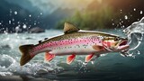 With a splash, rainbow trout leap out of the water. Fish capturing bait over the water. sweeping banner with area for copy
