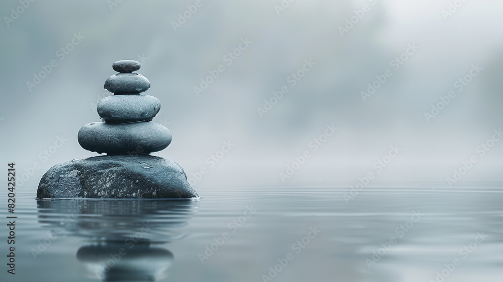 Stacked stones in a calm misty lake creating a zen atmosphere.. Stacked stones in a calm misty lake creating a zen atmosphere..