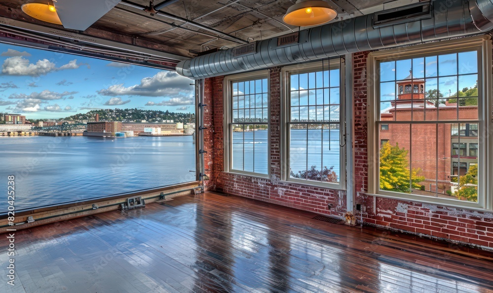 architectural interior of a Industrial facility with big windows and a view