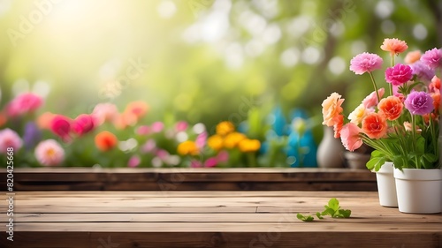 innovative idea for a mock. A bright springtime flower garden with a blurred bokeh background and an empty wooden table top. Product presentation template