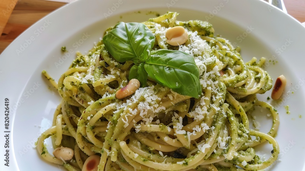 Pesto Pasta - Pasta mixed with a pesto sauce made from basil, pine nuts, garlic and olive oil. Top with vegan Parmesan cheese. Pesto Pasta - Pasta mixed with a pesto sauce made from basil, pine nuts, garlic and olive oil. Top with vegan Parmesan cheese.