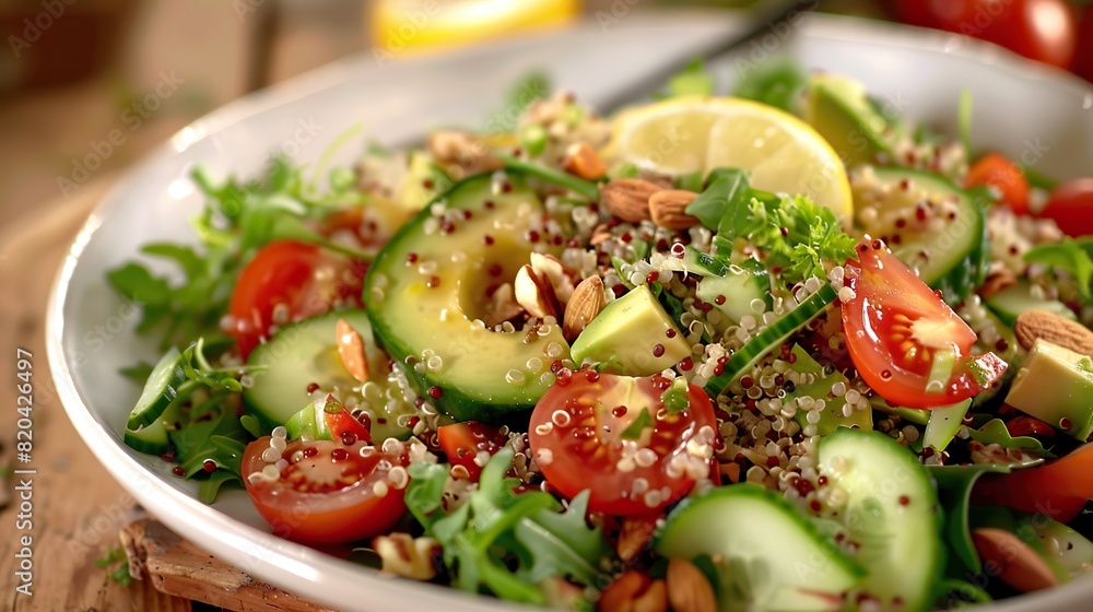 Quinoa Salad - A salad that uses quinoa as a base. Loaded with a variety of fresh vegetables such as tomatoes, cucumbers, avocados, and nuts, topped with a lemon or balsamic vinaigrette. Quinoa Salad - A salad that uses quinoa as a base. Loaded with a variety of fresh vegetables such as tomatoes, cucumbers, avocados, and nuts, topped with a lemon or balsamic vinaigrette.