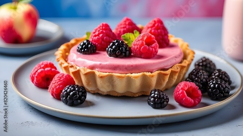 inventive recipe template. Fruits are arranged in a pink and yellow background surrounding a pastry dish with blueberries, raspberries, lemon curd, and cream. duplicate the text area. upper view. flat