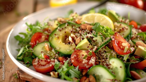 Quinoa Salad - A salad that uses quinoa as a base. Loaded with a variety of fresh vegetables such as tomatoes, cucumbers, avocados, and nuts, topped with a lemon or balsamic vinaigrette.