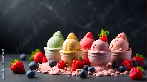 inventive culinary idea. Scoop colorful, pastel gelato ice cream balls in cups set against a green backdrop, strewn with orange, strawberry, blueberry, and raspberry fruits as well as a leaf.